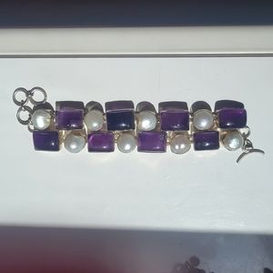 Amethyst and pearls set in silver bracelet.
